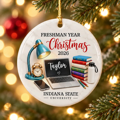 Personalized Ceramic Ornament, Teal Study Desk Senior Year Christmas Keepsake, Unique Graduation Gift for Student