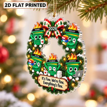 Personalized Acrylic Ornament, Cute Dumpster Fire Office Wreath, Unique Christmas Gift for Coworkers