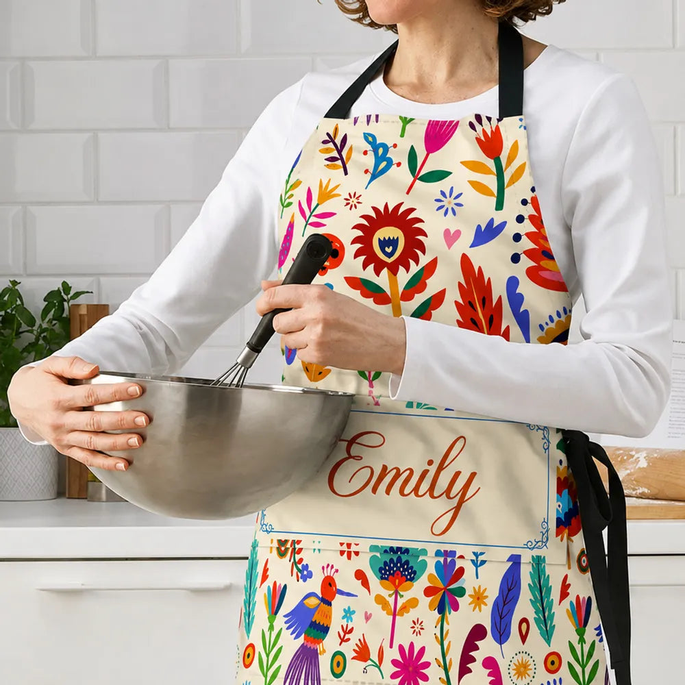 Personalized 4-Pocket Apron with Vibrant Folk Florals, Baking Together, Unique Gift for Mom