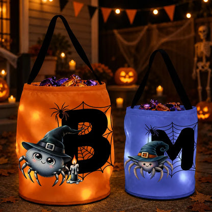 Personalized LED Light Up Fabric Basket, Cute Witch Spider and Web Halloween Design, Unique Gift for Kids