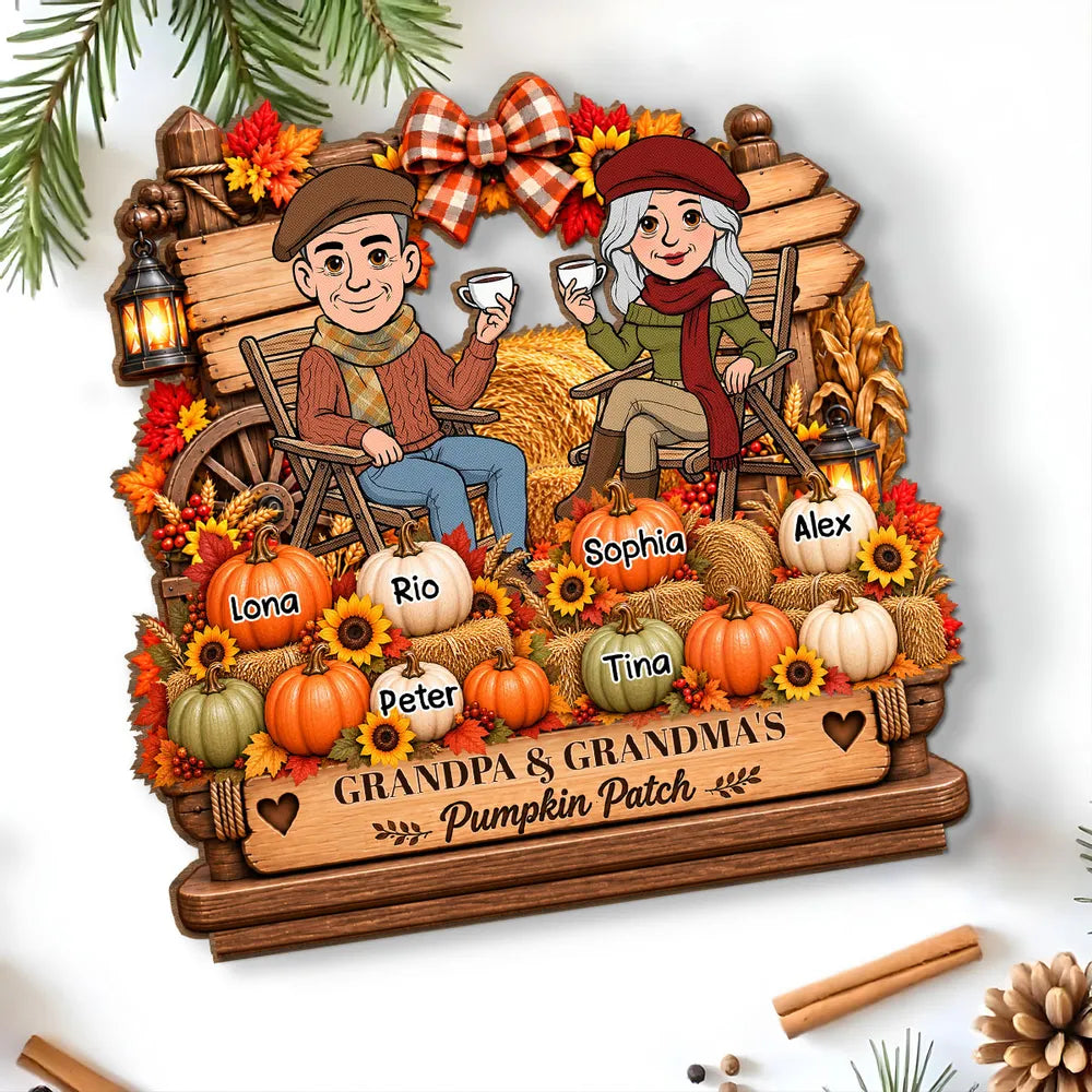 Personalized 2-Layer Wooden Plaque, Grandparents Sharing Coffee in an Autumn Pumpkin Patch, Unique Family Gift