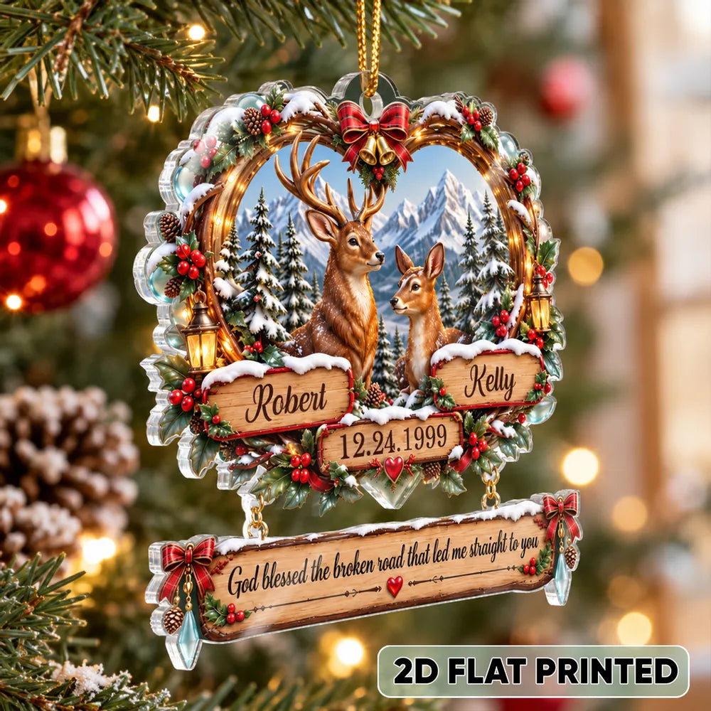 God Blessed the Broken Road Personalized Acrylic Ornament, Deer Couple in Snowy Forest, Creative Gift for Partner