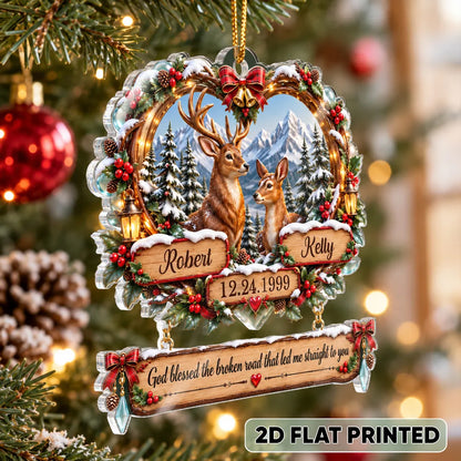God Blessed the Broken Road Personalized Acrylic Ornament, Deer Couple in Snowy Forest, Creative Gift for Partner