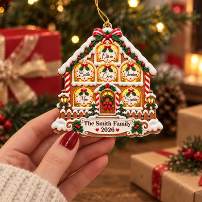Personalized Acrylic Ornament, Gingerbread Family House on a Lit Christmas Tree, Unique Gift for Families