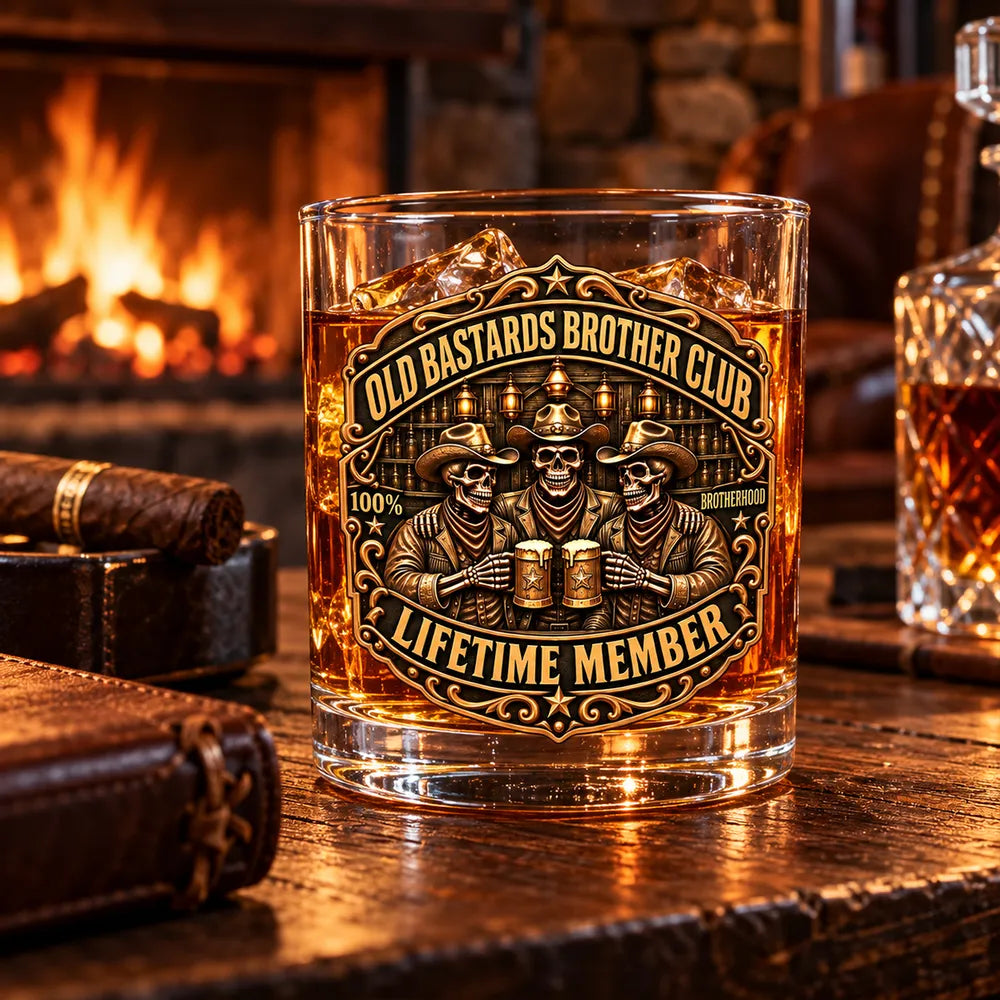 Personalized Whiskey Glass with Clinking Cowboy Skeletons in an Amber Bar, Unique Gift for Brother