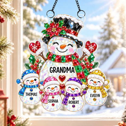 Personalized Grandma Snowman Acrylic Suncatcher Ornament, Colorful Christmas Window Decor, Unique Gift for Grandma