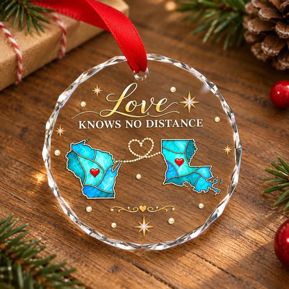 Personalized Crystal Ornament with Blue State Maps, Unique Christmas Tree Gift for Faraway Family & Friends