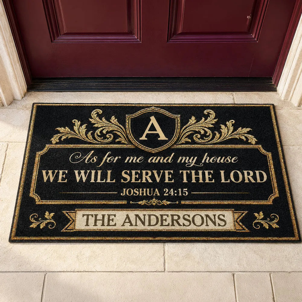 Personalized Standard Doormat, We Will Serve the Lord Verse, Creative Faith Gift for Family and Housewarming