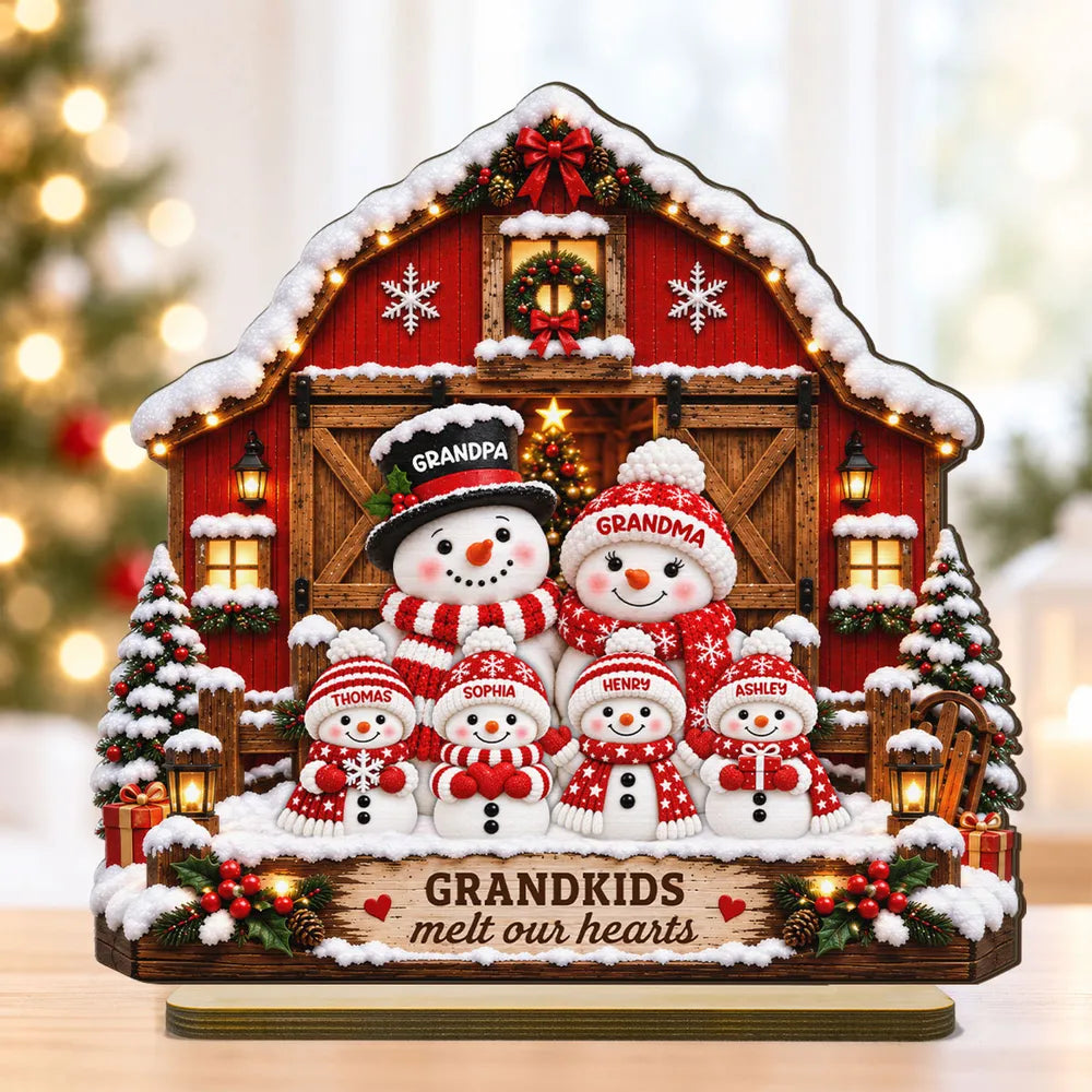 Personalized Wooden Plaque, Snowman Grandparents and Grandkids at a Snowy Red Barn, Unique Christmas Gift