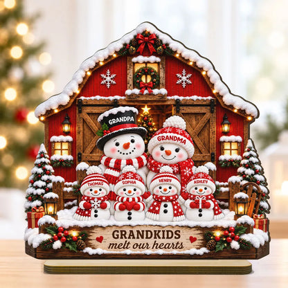 Personalized Wooden Plaque, Snowman Grandparents and Grandkids at a Snowy Red Barn, Unique Christmas Gift