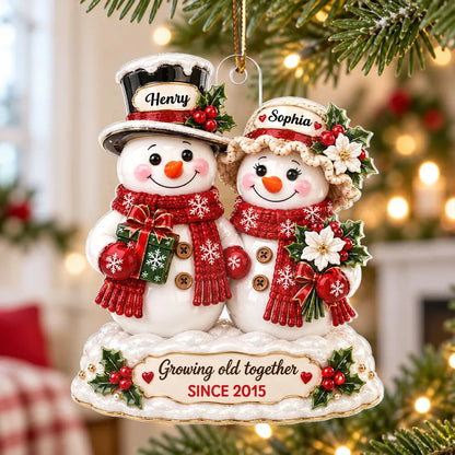 Personalized Acrylic Ornament, Snowman Couple Growing Old Together, Unique Christmas Gift for Partners