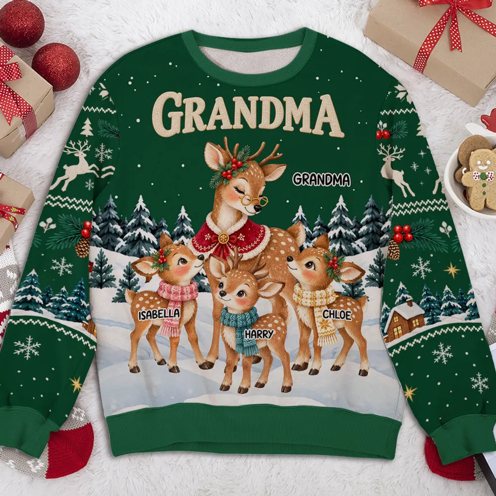 Personalized Printed Sweatshirt, Grandma Reindeer with Fawns in a Snowy Forest, Unique Christmas Gift for Grandma