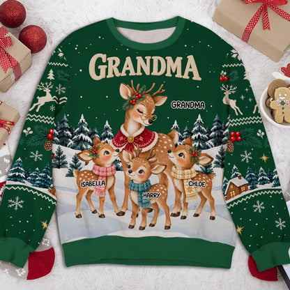 Personalized Printed Sweatshirt, Grandma Reindeer with Fawns in a Snowy Forest, Unique Christmas Gift for Grandma