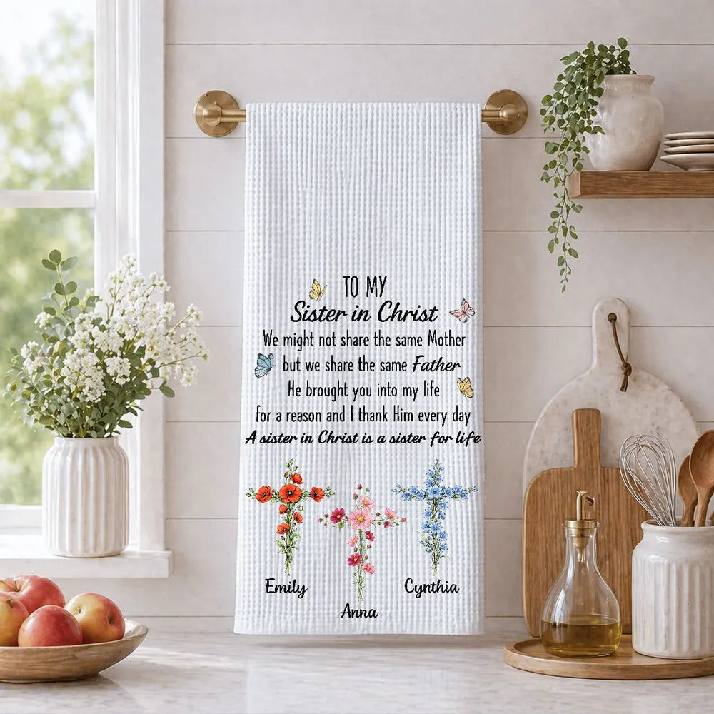 Personalized Sister in Christ Kitchen Towel, Pastel Floral Crosses & Butterflies, Unique Faith Gift for Sister