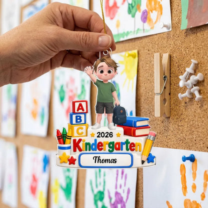 Personalized Acrylic Ornament, Child with Apple & Backpack, Kindergarten Scene, Unique Creative Gift for Kids