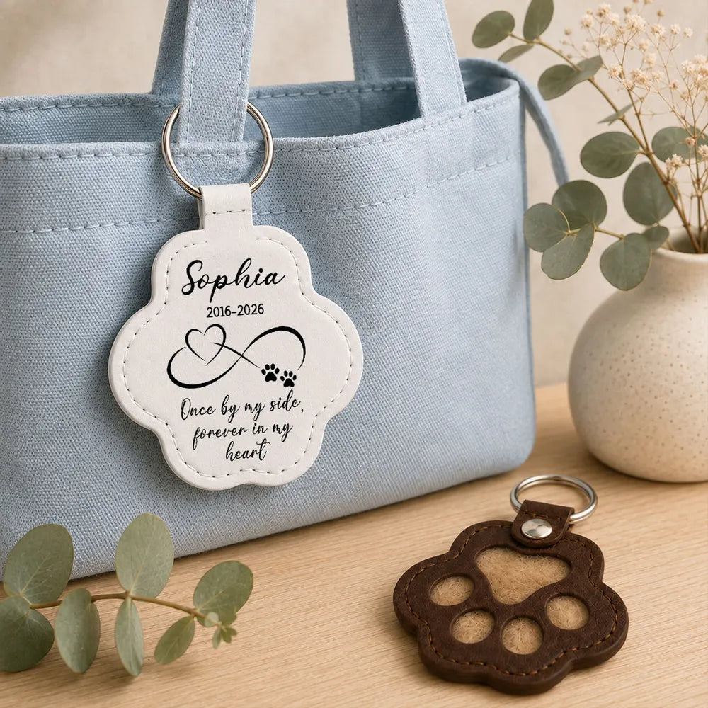 Leather Pet Fur Keepsake Keychain, Personalized Once by My Side Memorial, Creative Sympathy Gift for Pet Owners