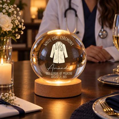 Personalized Globe Lamp with White Coat Illustration, Warm Amber Keepsake, Unique Gift for Future Doctor