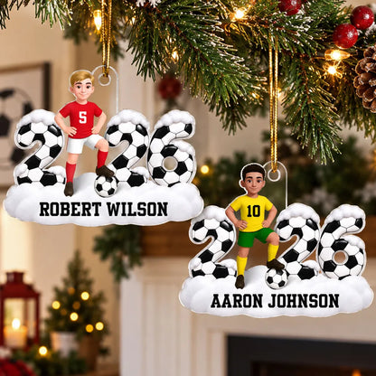Personalized Acrylic Ornament, Cartoon Soccer Player Posing with Ball, Unique Christmas Gift for Son