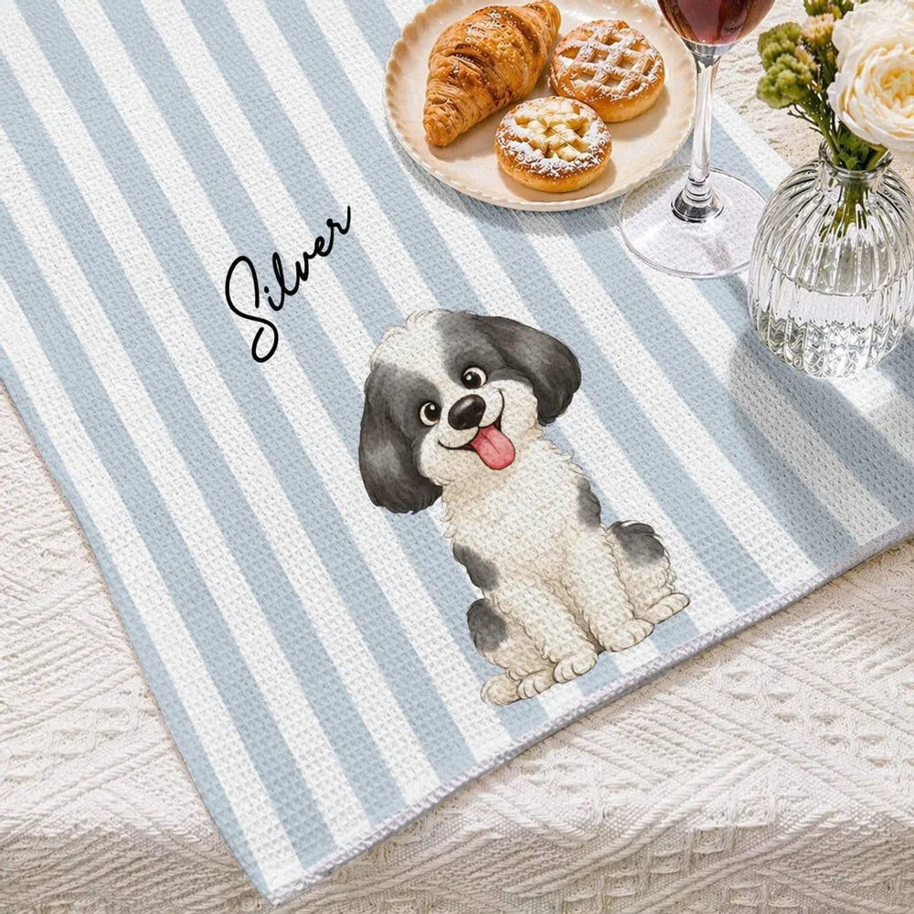 Personalized Kitchen Towel with Sitting Dog Illustration, Cheerful Decor, Creative Gift for Pet Owners