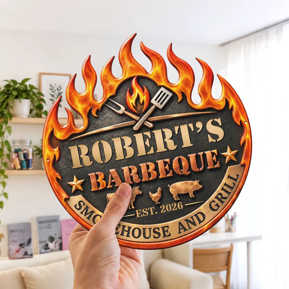 Personalized Shaped Metal Sign with Flaming Barbecue Design, Creative Gift for Grill Masters and Backyard Cooks