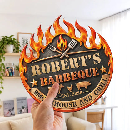 Personalized Shaped Metal Sign with Flaming Barbecue Design, Creative Gift for Grill Masters and Backyard Cooks