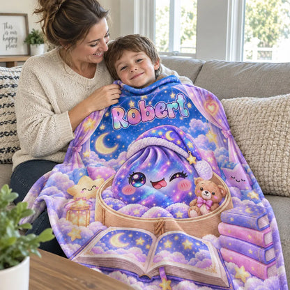 Personalized Dumpling Fleece Blanket, Pastel Moonlit Storybook Scene, Unique Gift for Kids