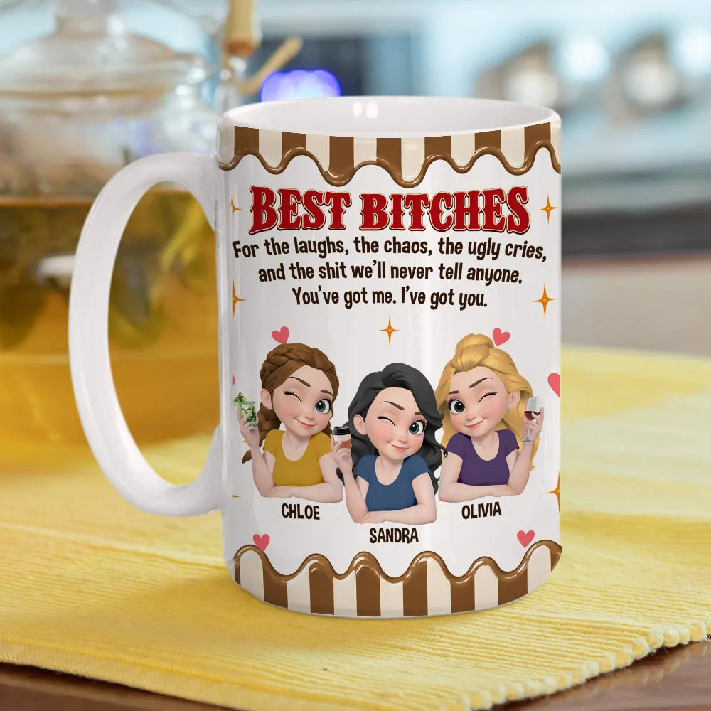 Personalized Ceramic Mug, Winking Friends Holding Drinks, Pink Cartoon Design, Unique Gift for Close Friends