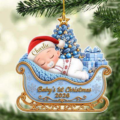 Personalized Baby's First Christmas Ornament, Sleeping Baby in Blue Sleigh, Unique Gift for New Parents