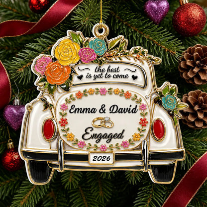 Personalized Acrylic Ornament with Floral Wedding Car, Unique Christmas Gift for Newlyweds