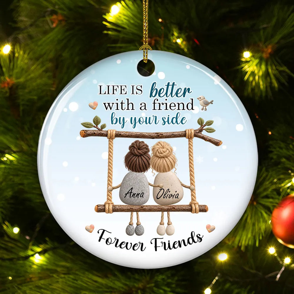 Personalized Ceramic Ornament, Friends on a Swing in Pale Blue, Unique Christmas Gift for a Close Friend