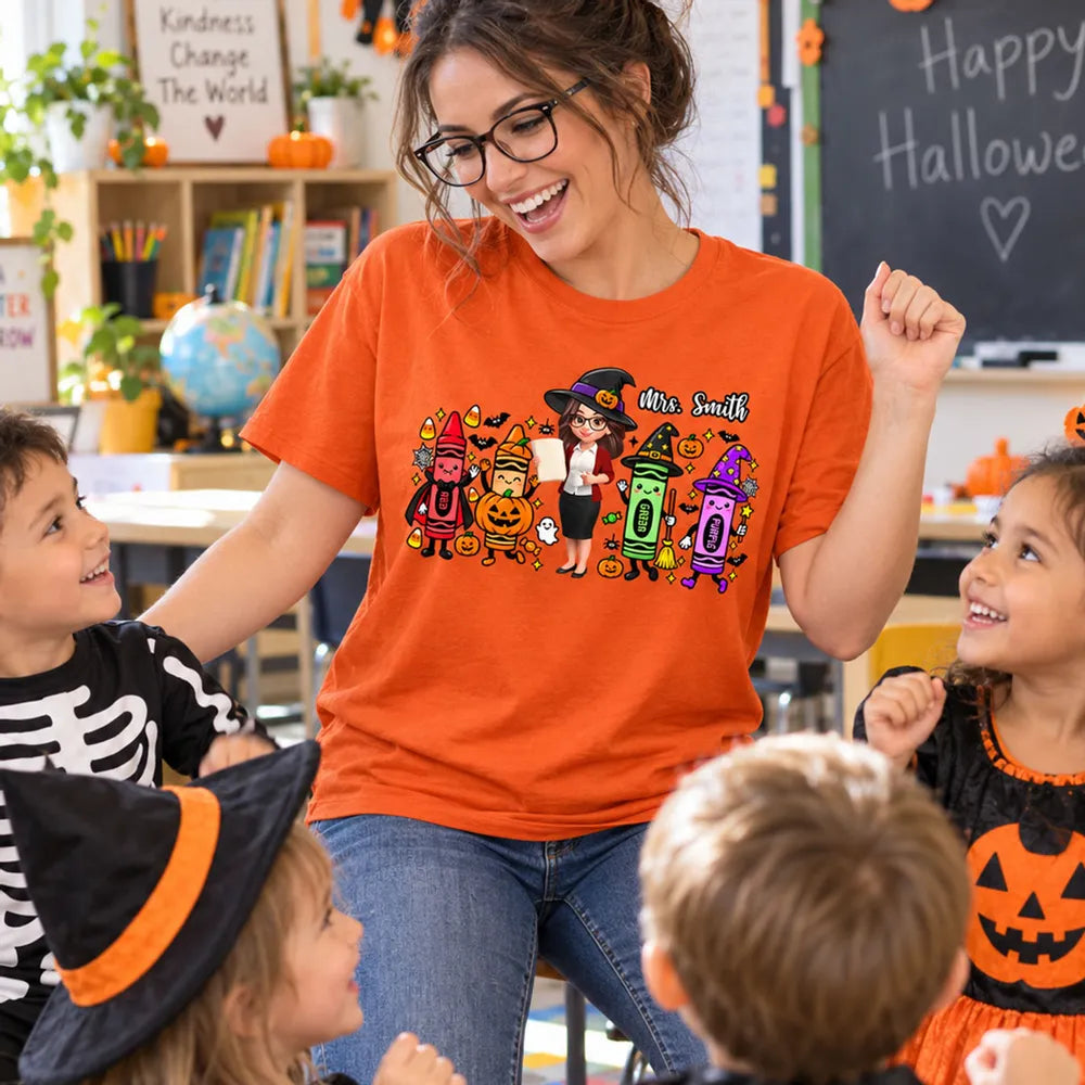 Classic Tee, Colorful Witchy Crayons & Teacher Holding a Lesson Sheet, Creative Halloween Gift for Teacher Friends