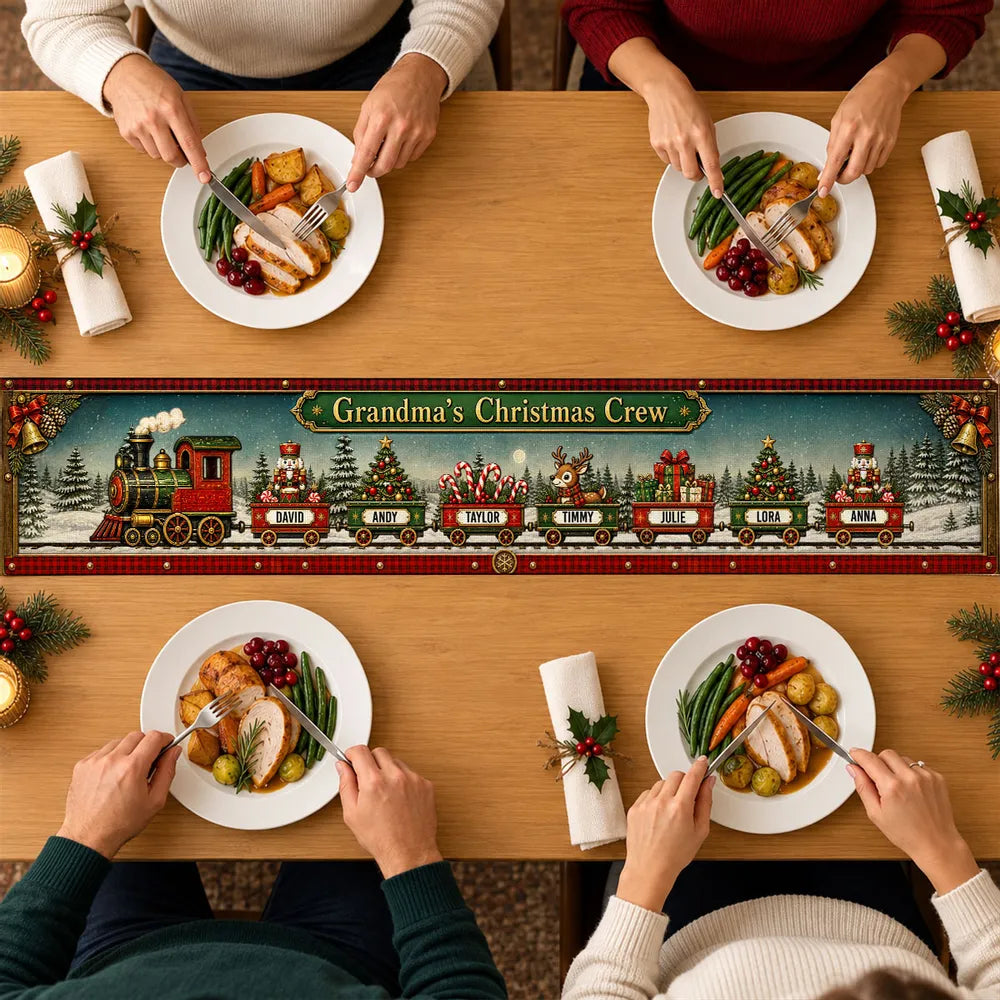 Personalized Christmas Train Table Runner, Vintage Red & Green Snowy Scene, Unique Gift for Grandma