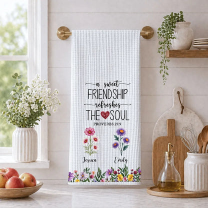 Personalized Kitchen Towel with Watercolor Flowers and Friendship Quote, Unique Gift for Kitchen Decor and a Close Friend