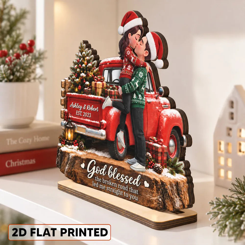 Personalized 2-Layer Wooden Plaque, Kissing Couple by a Red Truck, Unique Christmas Gift for Couples