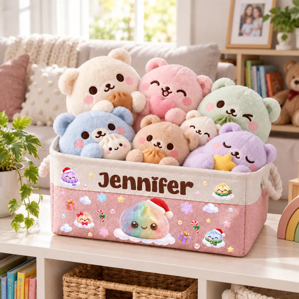 Personalized Rope Basket with Pastel Christmas Dumplings, Unique Toy Storage Gift for Kids