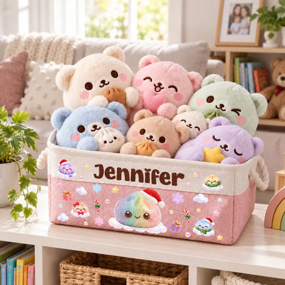Personalized Rope Basket with Pastel Christmas Dumplings, Unique Toy Storage Gift for Kids