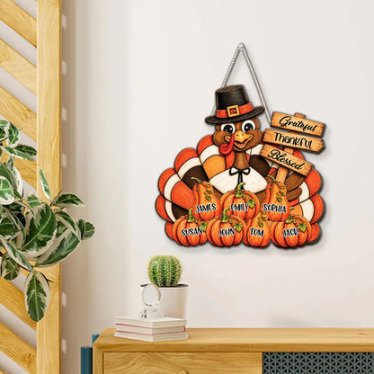 Personalized Wooden Sign with Pilgrim Turkey, Pumpkins and Grateful Thankful Blessed, Unique Rustic Gift for Family