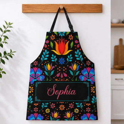 Personalized 4-Pocket Apron with Vibrant Folk Florals, Baking Together, Unique Gift for Mom