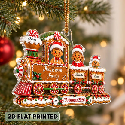 Personalized Acrylic Ornament, Gingerbread Family Train on a Christmas Tree, Unique Holiday Gift for Family