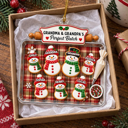 Personalized Acrylic Ornament, Snowman Cookie Family on Plaid Baking Tray, Unique Christmas Gift for Grandparents