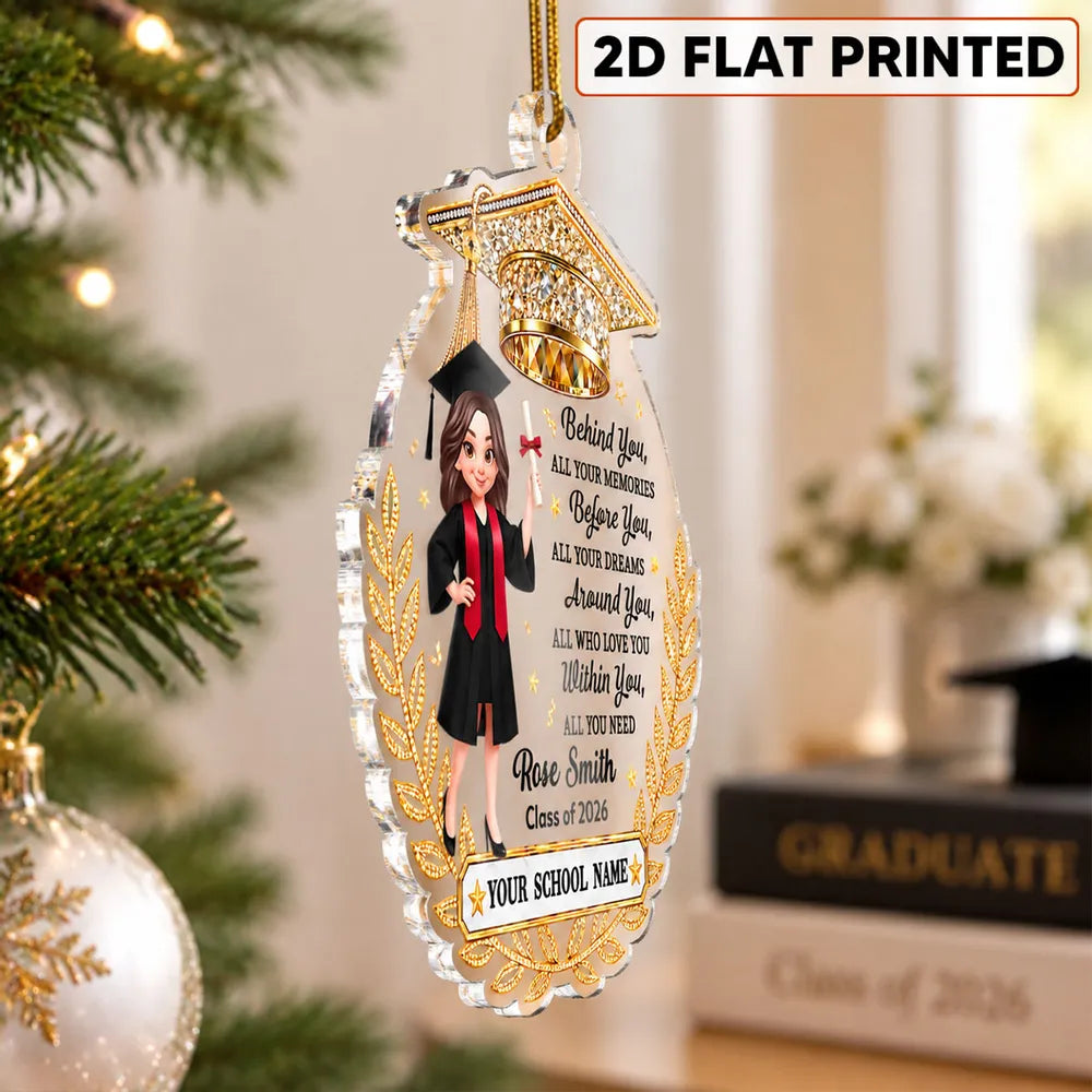 Personalized Acrylic Ornament, Graduate Holding Diploma, Gold Laurel, Unique Graduation Gift for Her, Him