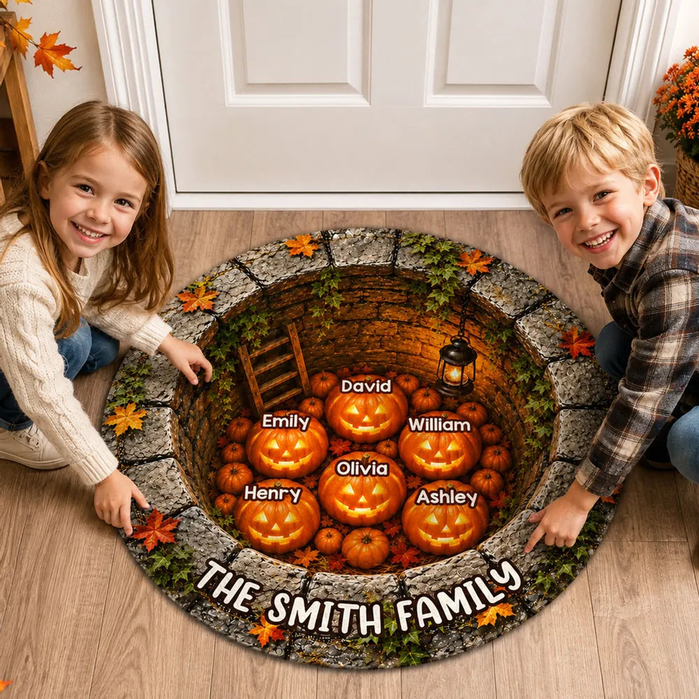 Personalized Shaped Doormat with Glowing Pumpkin Family, Gothic Halloween Decor, Unique Gift for Families