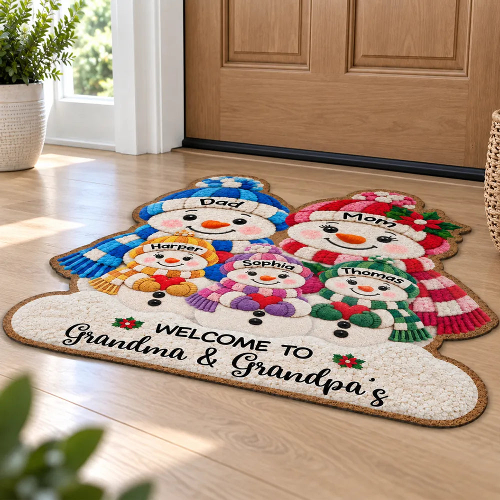 Personalized Shaped Doormat, Cute Snowman Grandparents & Grandkids at a Christmas Entryway, Unique Family Gift