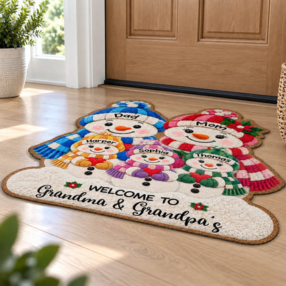 Personalized Shaped Doormat, Cute Snowman Grandparents & Grandkids at a Christmas Entryway, Unique Family Gift