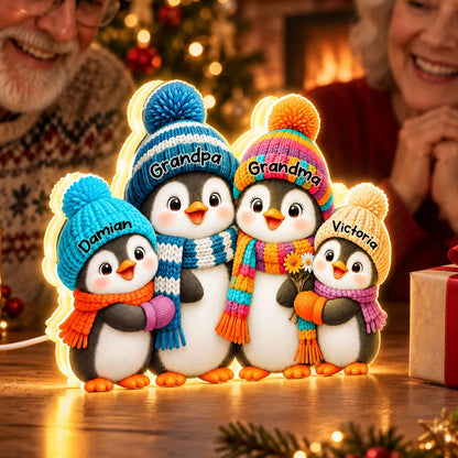Personalized Acrylic Light Box, Cute Penguin Family in a Cozy Christmas Room, Unique Gift for Grandparents