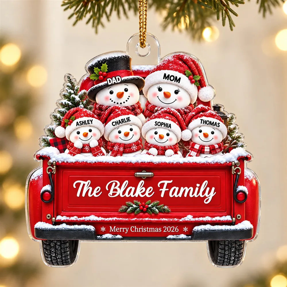Personalized Acrylic Ornament, Snowman Family Riding in a Snowy Red Truck, Unique Christmas Gift for Family