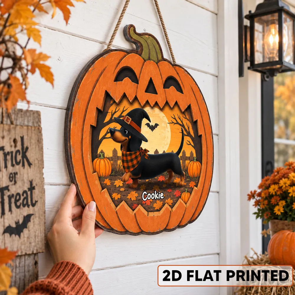 Personalized Wooden Sign, Dachshund in a Moonlit Pumpkin Patch, Creative Halloween Keepsake Gift for Pet Owners