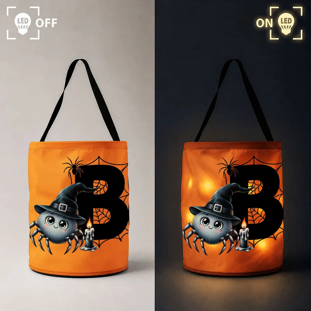 Personalized LED Light Up Fabric Basket, Cute Witch Spider and Web Halloween Design, Unique Gift for Kids