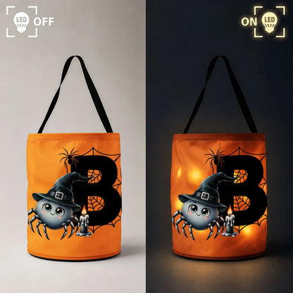 Personalized LED Light Up Fabric Basket, Cute Witch Spider and Web Halloween Design, Unique Gift for Kids