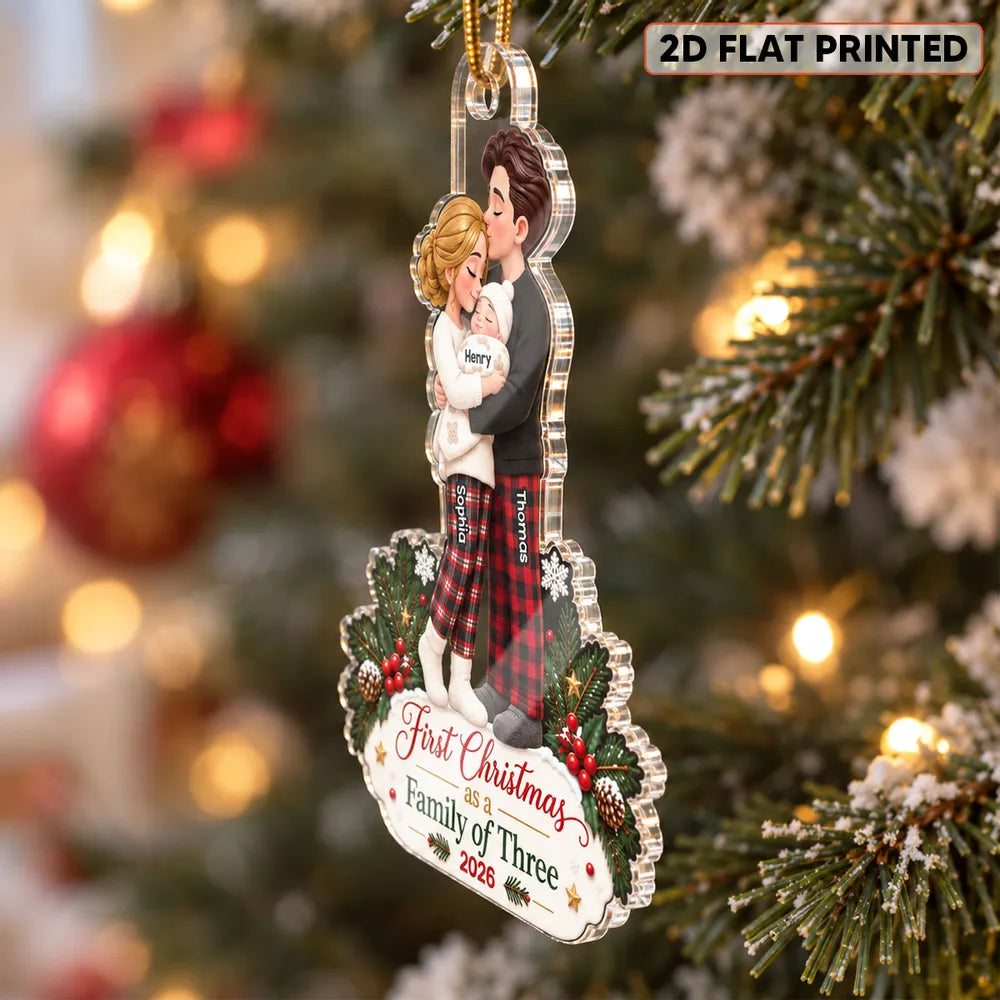 Personalized Acrylic Ornament, Hugging Parents and Baby at Christmas, Unique Gift for New Parents